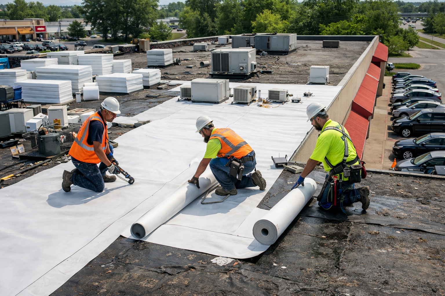 Rashid Construction - commercial roof replacement - roof replacement project in progress