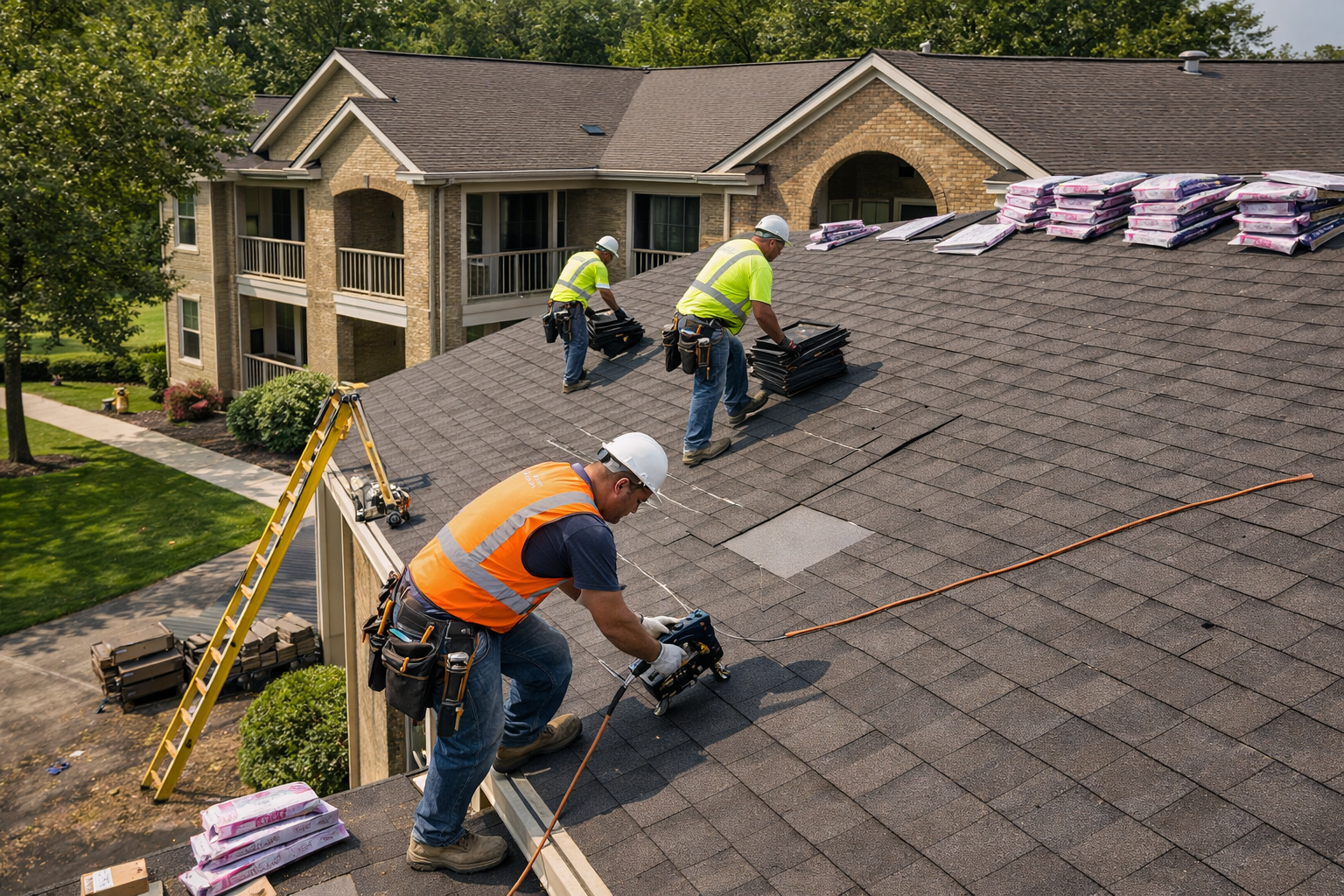 Rashid Construction - commercial roof replacement - roof team installing asphalt shingles