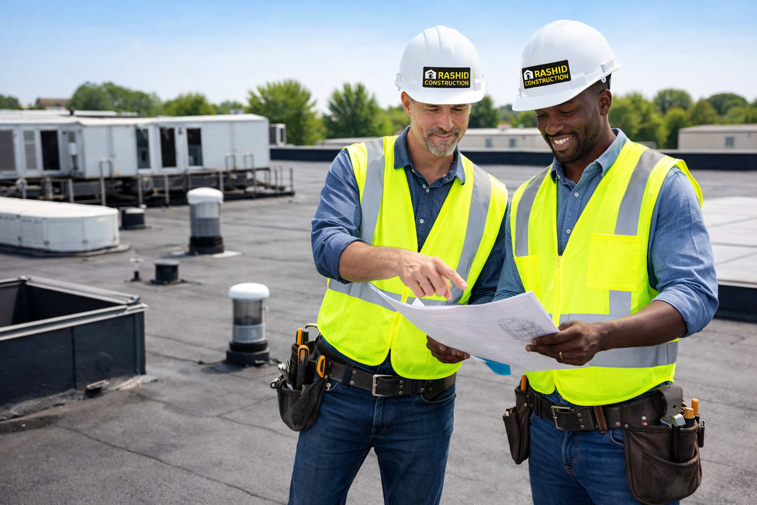 Rashid Construction - Commercial Roofing - roof contractors inspecting a commercial flat roof
