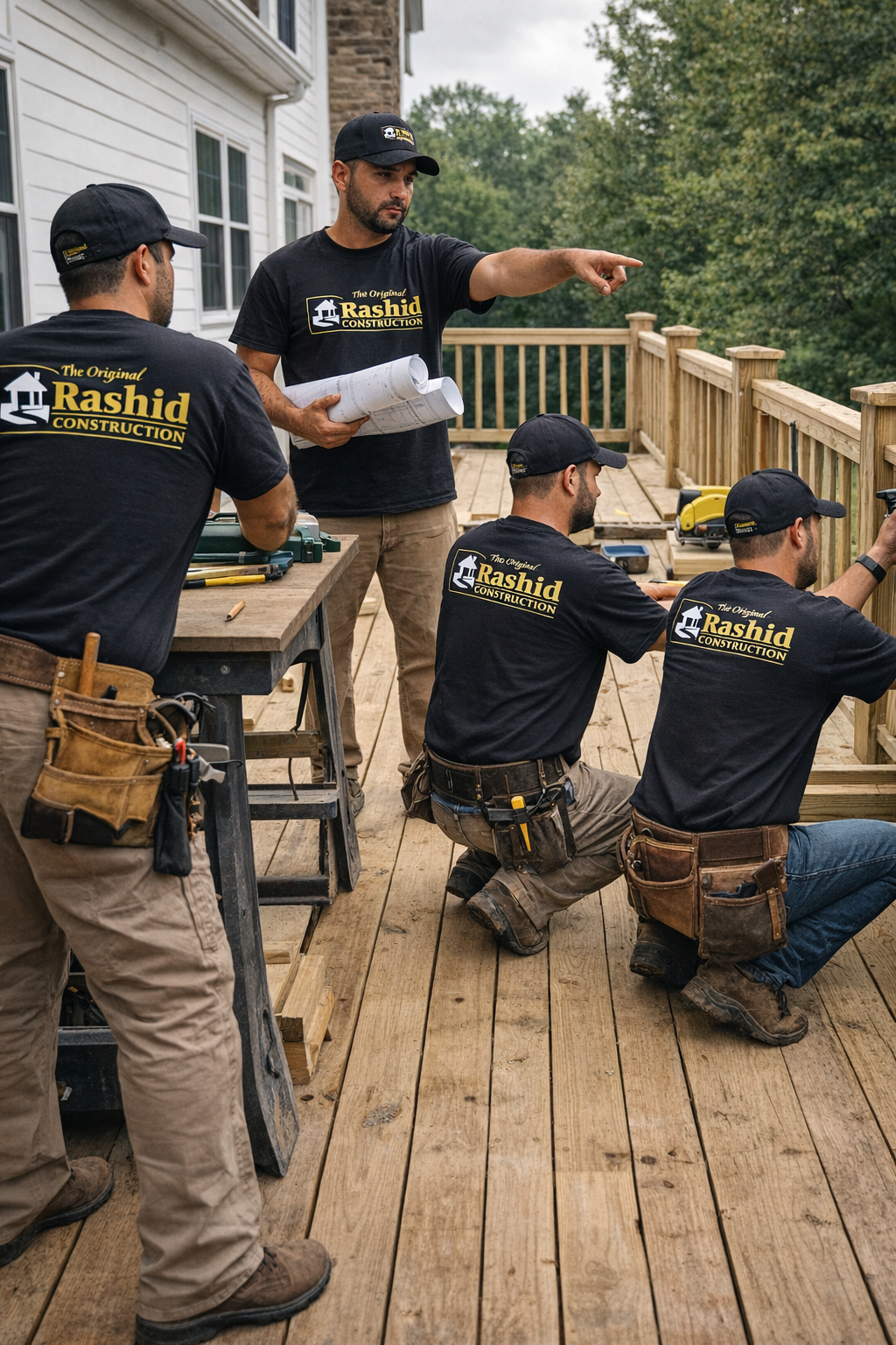Rashid Construction - decks and porches - construction team building a wooden deck