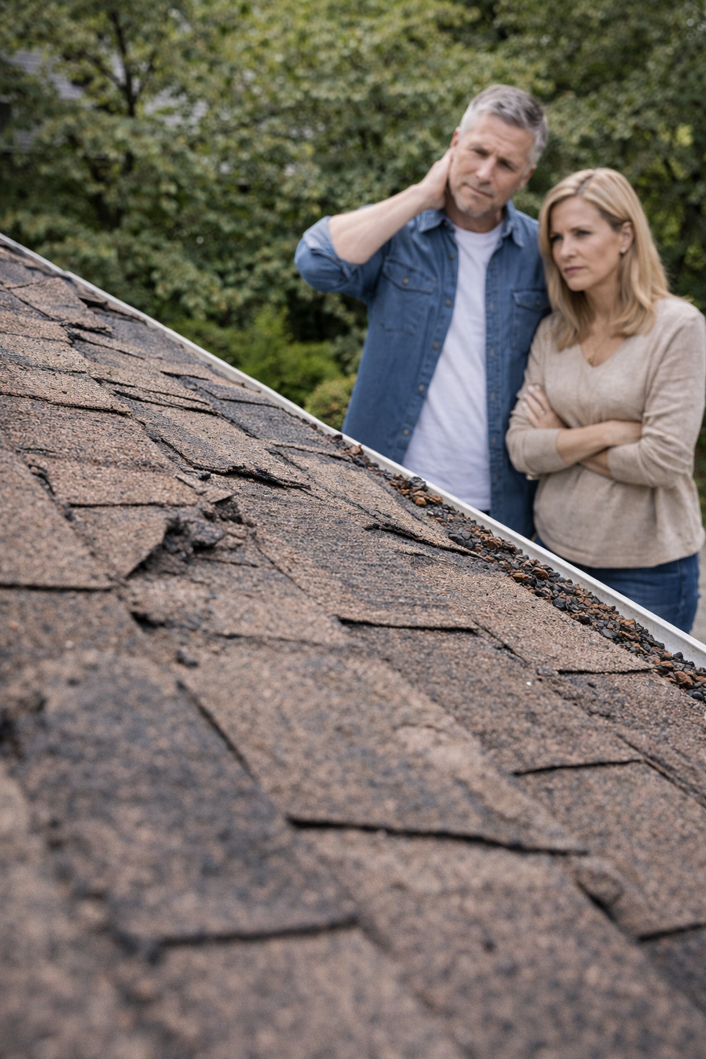 Rashid Construction - Residential Roofing - worn roof and worried couple