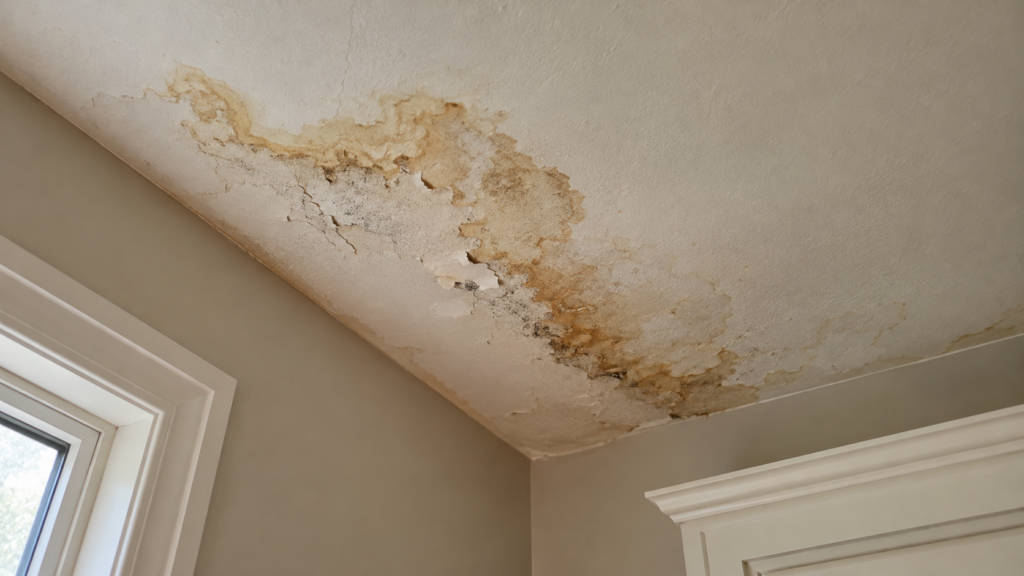 Rashid Construction - yellow, peeling ceiling water damage - milford, mi
